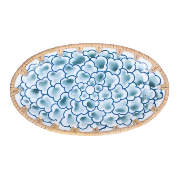 Suodoka Woven Rattan Ceramic Plate, Oval Porcelain Fruit Plate for Wedding Party Banquet Birthday, Ink Blue Flowers Tableware Dish (7.7 inches / 19.5 cm)