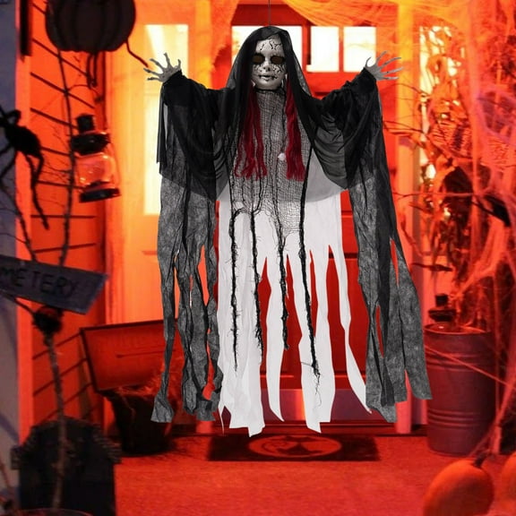 Suokom Halloween Outdoor Decorations Props, Hanging Ghost Sound Activated with Creepy Expressions, Creepy Sound, Hanging Ghosts Haunted House Prop for Indoor Decoration