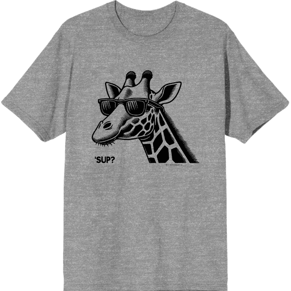 Sup? Giraffe with Sunglasses Adult Heather Gray Crew Neck Short Sleeve Tee-Large