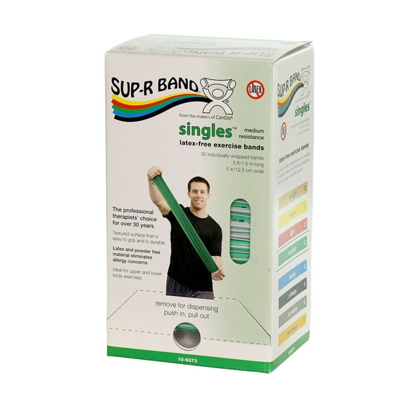 Sup-R Band Latex-Free 5-Foot Single Exercise Band, 30-Pieces Dispenser, Green