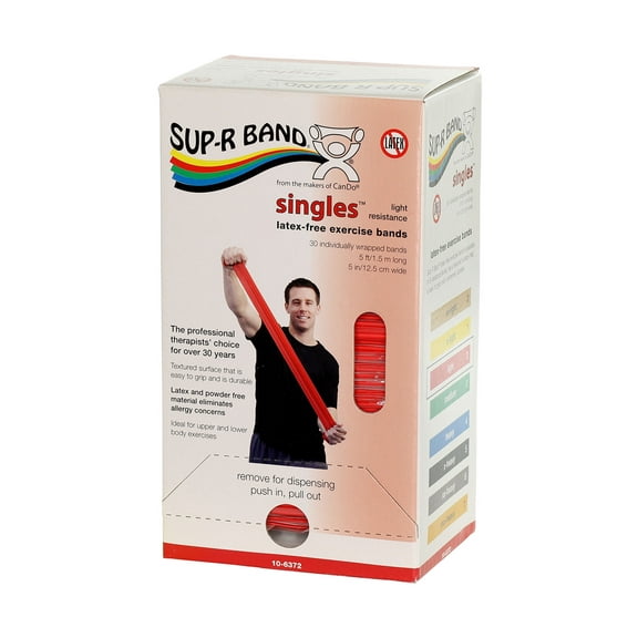Sup-R Band Latex-Free 5-Foot Single Exercise Band, 30-Pieces Dispenser, Red