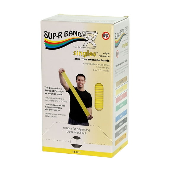 Sup-R Band Latex-Free 5-Foot Single Exercise Band, 30-Pieces Dispenser Set, Yellow and Black