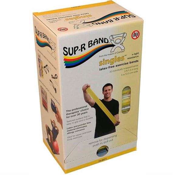 Sup-R Band Latex Free Exercise Band, 5 ft. Strips - Yellow - 30 Strips per Box
