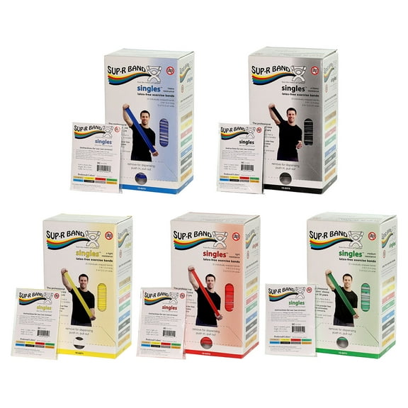 Sup-R band, latex-free, 5-foot Singles, 30-piece dispenser (1 ea: yellow through black)