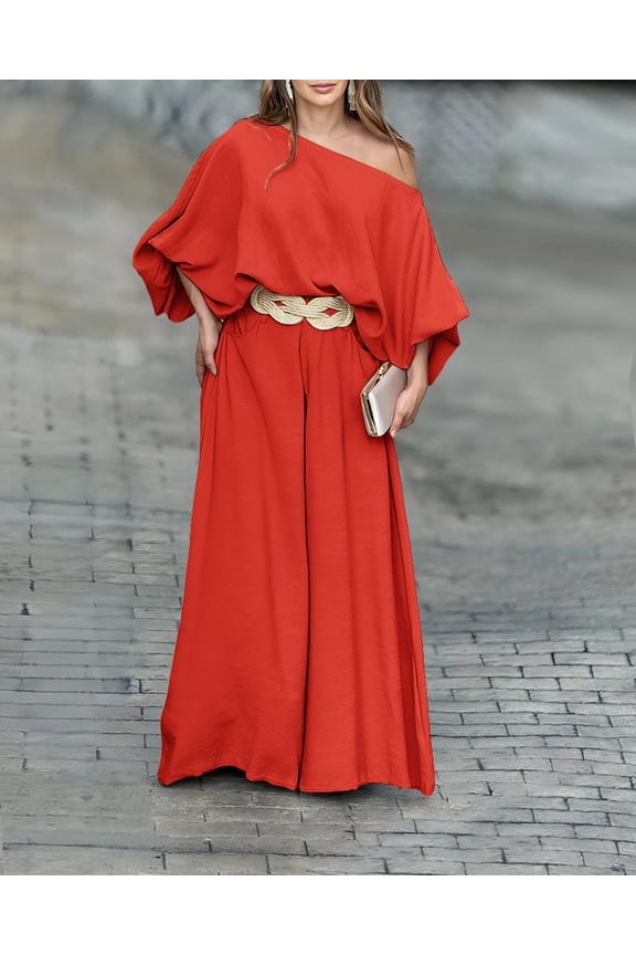 Women's Red Off-the-Shoulder Batwing Sleeve Top & Wide-Leg Trousers Set