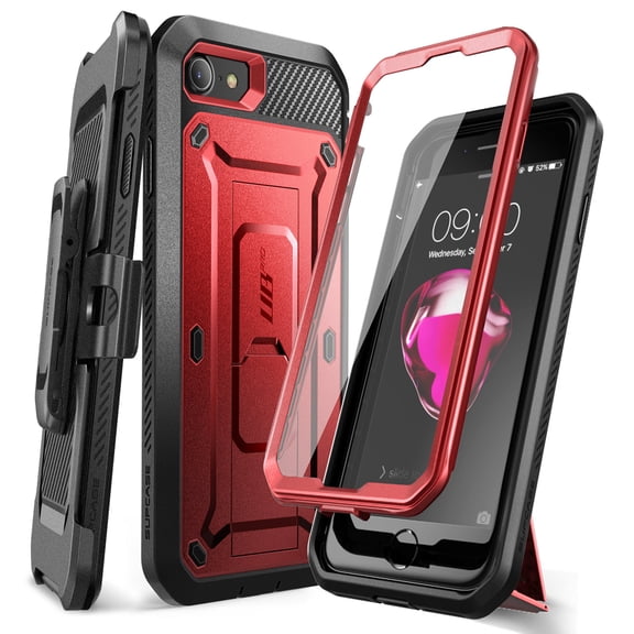 SupCase Unicorn Beetle Pro Series Case Designed for iPhone SE (2022/2020) / iPhone 7 / iPhone 8, Built-in Screen Protector Full-Body Rugged Holster & Kickstand Case (MetaRed)