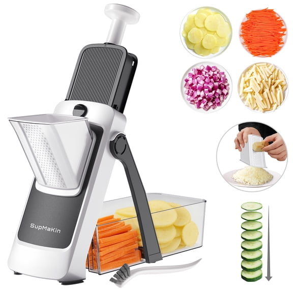 SupMaKin Adjustable Mandoline Slicer with Container, Stainless Steel Vegetable Cutter, Foldable & Dishwasher Safe Food Chopper for Kitchen (0.1-8mm Thickness)