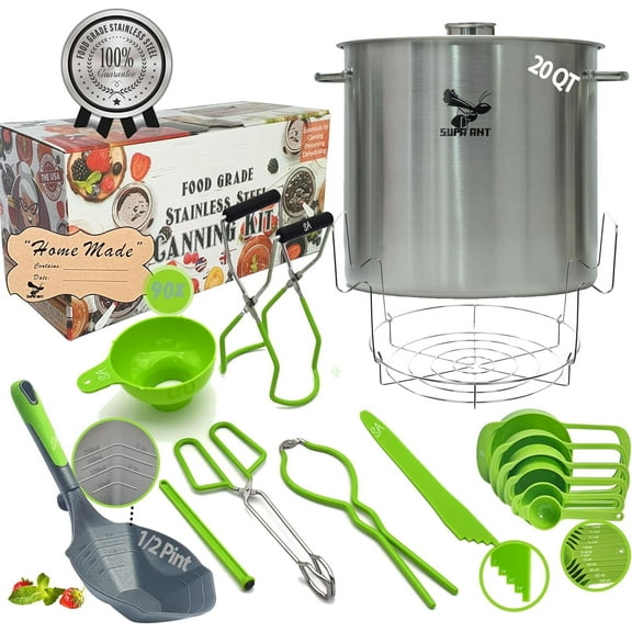 Supa Ant 20 Qt. Stainless Steel Water Bath Canning Pot with Canning Supplies Starter Kit - Food Grade Canning Ladle, Measuring Cups,Funnel,Tongs,Jar Lifter& Wrench,Lid Lifter,Bubble Popper,90x Labels