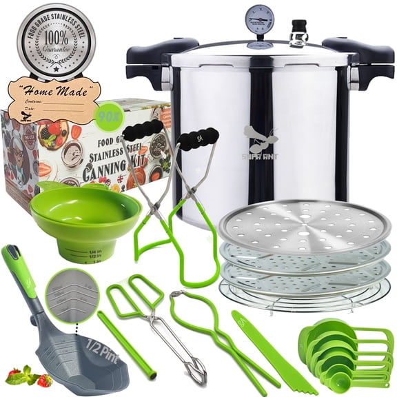 Supa Ant 23 Qt Pressure Canner – Complete Home Canning Set with Gauge, Rack, Lid, Jar Lifter, Ladle, Tongs & Bubble Popper