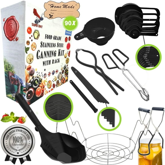 Supa Ant Black Canning Supplies Starter Kit-10 pc. Canner Accessories with Canning Rack for Jars, XL Ladle, Wide Mouth Jar Funnel, Jar Lifter & Wrench, Bubble Popper/Measurer,Lid Lifter,Kitchen Tongs
