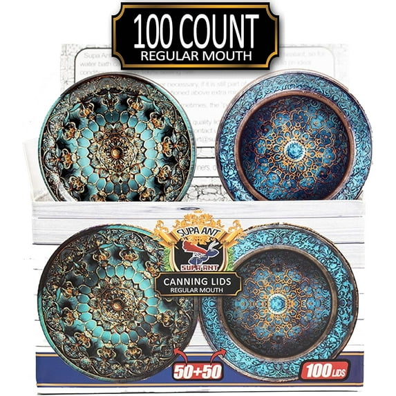 Supa Ant Decorative Regular Mouth Canning Lids (100 Pack) – Royal Worcester Style, Buckle-Proof & Rust-Proof Tin Lids for Mason Jars