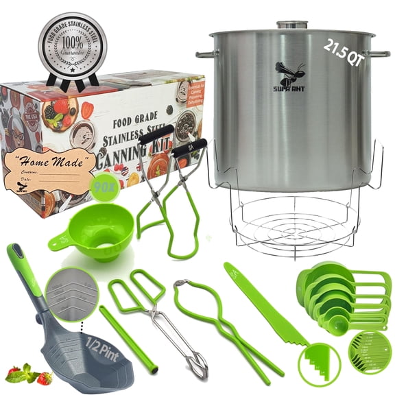 Supa Ant 21.5 Qt Stainless Steel Water Bath Canning Pot – Complete Home Canning Starter Kit with Rack, Funnel, Ladle, Tongs, Jar Lifter, Wrench, Labels & More