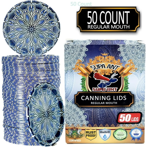 Supa Ant Regular Mouth Canning Lids, Rust proof, Buckle proof and Leak proof Jar Lids, Food-Grade Canning Supplies for Jars, Blue, 50 Pack