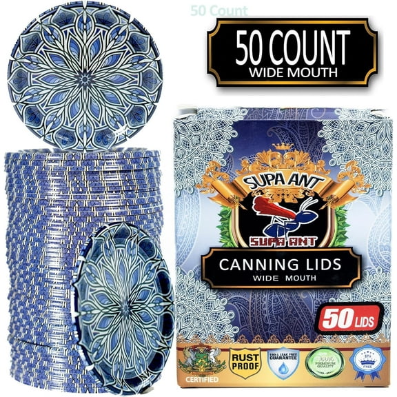 Supa Ant Wide Mouth Canning Lids, Rust proof, Buckle proof and Leak proof Jar Lids, Food-Grade Canning Supplies for Jars, Blue, 50 Lids Pack