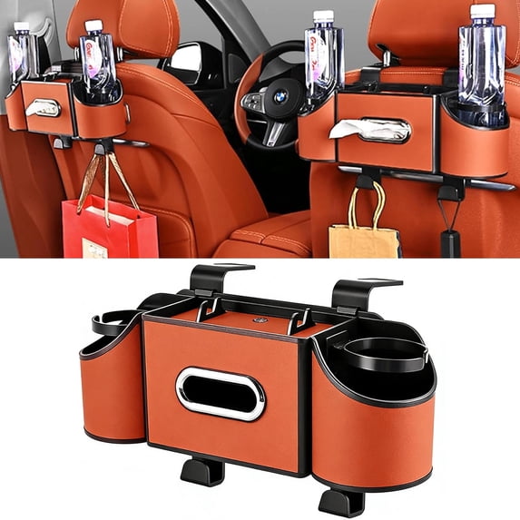 Supbessel 3-in-1 Car Organizers and Storage Box, Multifunctional Car Seat Back Storage Box with Tissue Holder, 2 Cup Holders & Hanging Hooks, Back Seat Car Organizer for Travel - Orange