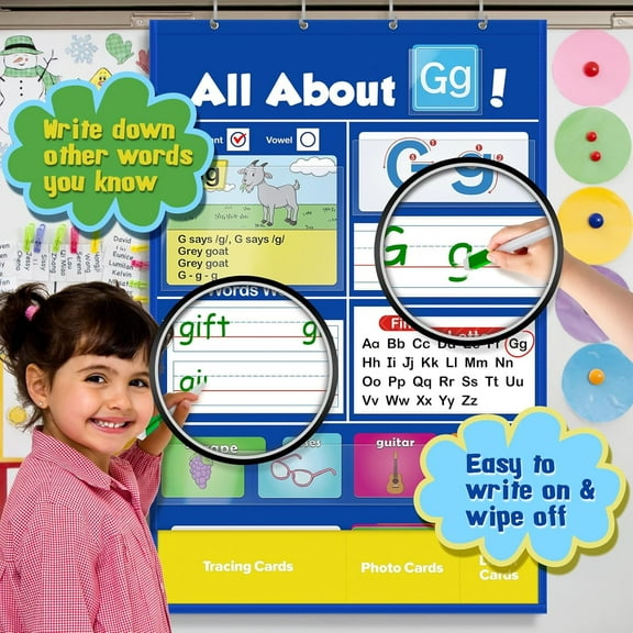 Supbessel Alphabet Learning Pocket Chart - ABC Wall Chart with Flash Cards, Letter Tracing, Pocket Chart for Classroom Circle Time Supplies-Contains 182 cards