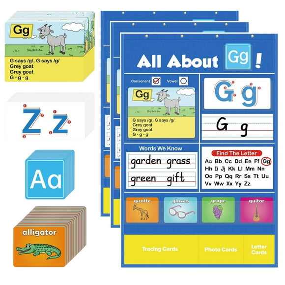 Supbessel  Interactive Alphabet Learning Chart - ABC Pocket Chart with Flash Cards - Letter Recognition Game for Preschool, Kindergarten & Homeschool Use--3pcs