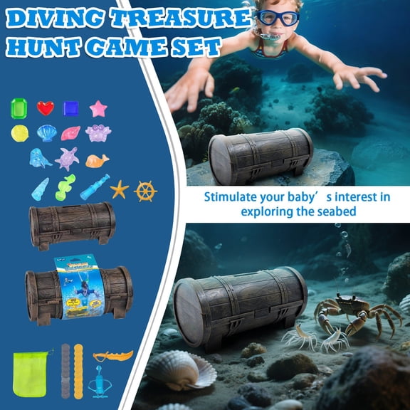 Supbessel Underwater Diving Treasure Game Set 36-Piece Colorful Gems and Pirate Chest, Recreational Search Activity for Family Swimming Pool Gatherings