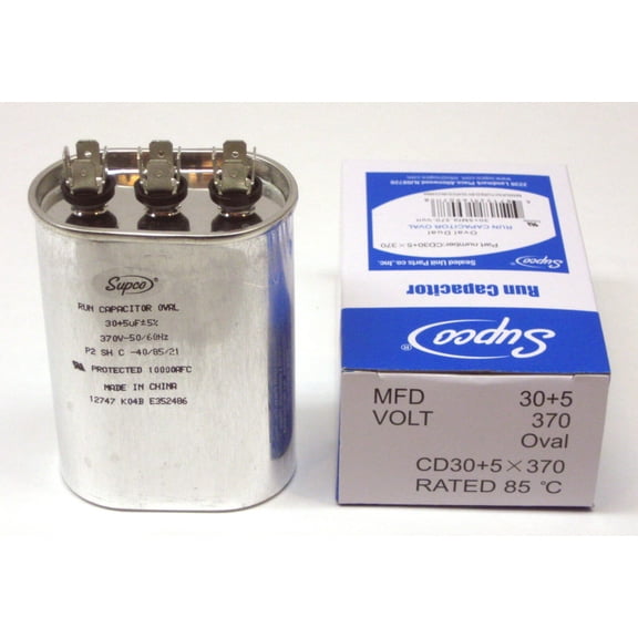 Dual Run Capacitor, Oval, 30 + 5 Mfd., 370 Volt, CD30+5X370