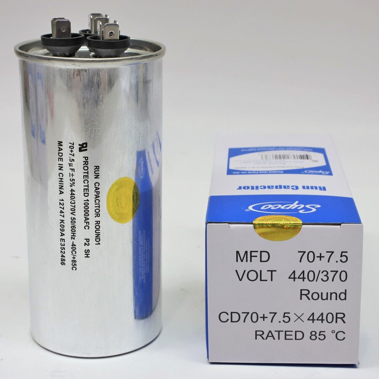 Supco Round Dual Run Capacitor 70+7.5 MFD 440 Volts