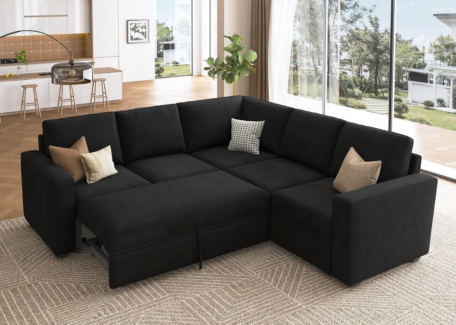 Supdeal Sectional Sleeper Sofa with Pull Out Bed, Velvet L Shaped Couch ...