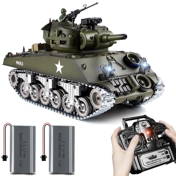 Supdex 1/18 RC Tank US M4A3 Sherman with Lights, Sounds & Smoke Effects – Rechargeable Remote Control Tank Model Toys for Kids Ages 6+