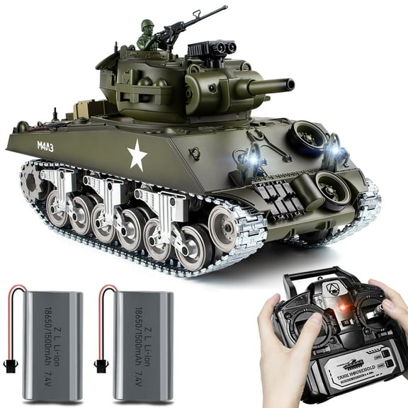 Supdex 1/18 RC Tank US M4A3 Sherman with Lights, Sounds & Smoke Effects  Rechargeable Remote Control Tank Model Toys for Kids Ages 6+