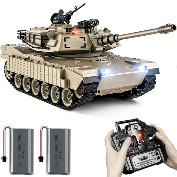Supdex 1:18 Remote Control M1A2 Abrams RC Tank 330 Rotating Turret, Smoke, Light & Sound Effects, Rechargeable, Climbing 40 Ramp, Great Gift for Kids Ages 6+