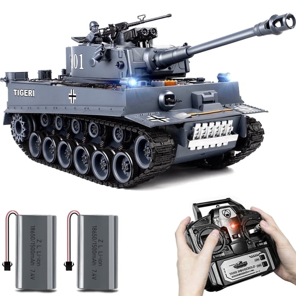 Supdex 1:18 Tiger Remote Control Military Tank Toy, Rechargeable, Lights, Sounds & Smoke