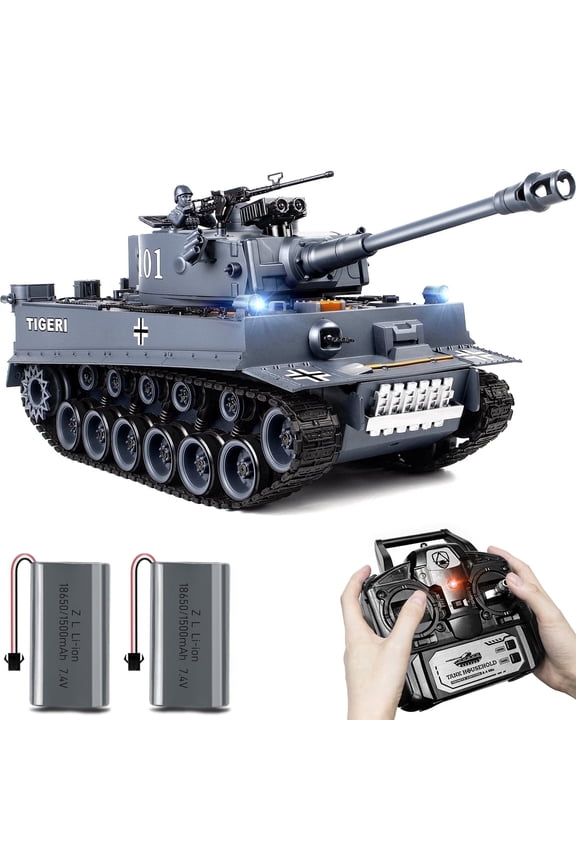 1:18 Tiger RC Tank Model Toy  330 Rotating Turret, Smoke, Light & Sound Effects, Rechargeable, Climbing 40 Ramp, Great Gift for Kids Ages 6+