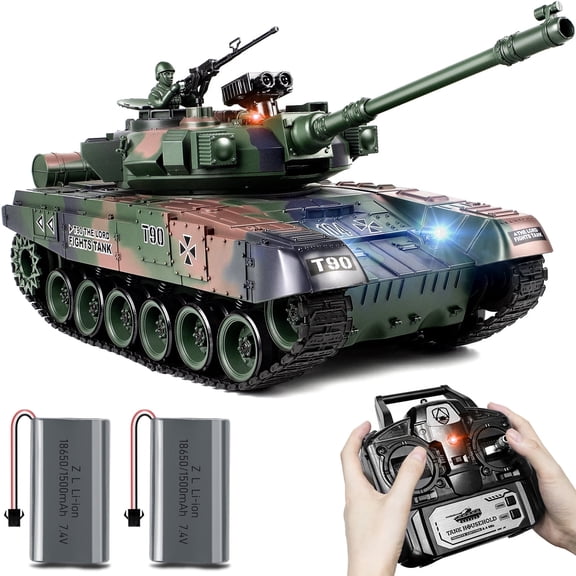 Supdex 1/18 T90 RC Tank Model Toys  330 Rotating Turret, Smoke, Light & Sound Effects, Rechargeable, Climbing 40 Ramp, Great Gift for Kids Ages 6+