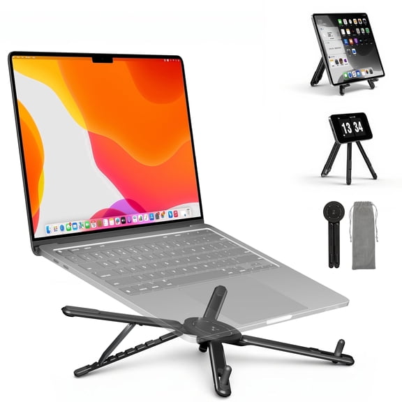 SupeDesk 3-in-1 Portable Laptop Stand with Magnetic Phone Holder & Tablet Stand, Aluminum Alloy Foldable Travel Stand with 8-Level Height Adjustment, Compatible with 4–16" Laptop/Tablet/Phone