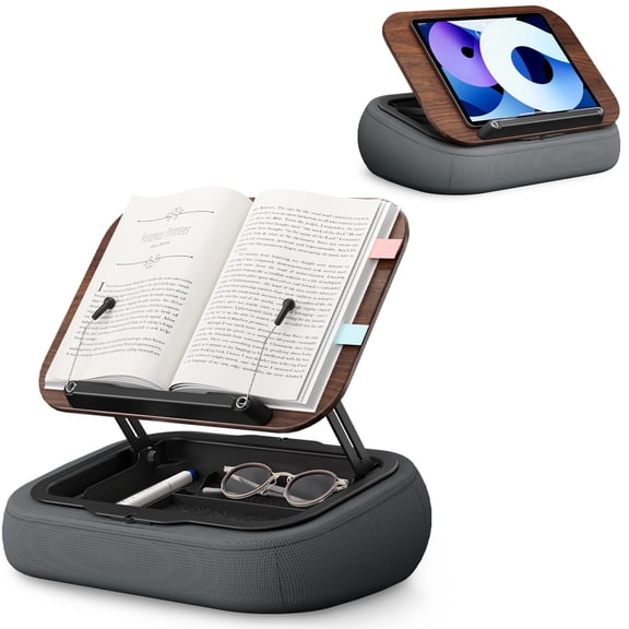 SupeDesk Adjustable Lap Book Pillow Stand with Storage, Multi-Angle Beanbag Reading Pillow with Dark Wood Panel & Page Clamp, Comfortable Hands-Free Book Holder for Bed, Sofa & Couch