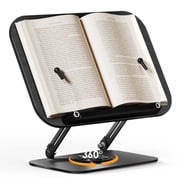 SupeDesk Adjustable Wooden Book Stand for Reading, 360  Rotating Cookbook Holder with Page Clips, Foldable Display Stand for Recipes, Magazines, Tablets & Laptops, Retro-Style Book Holder, Black