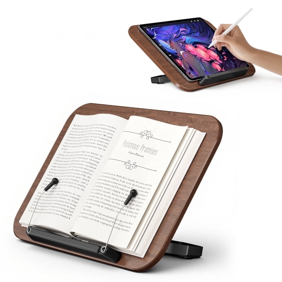 SupeDesk Wooden Adjustable Book Stand, 13-Level Height & Angle, 15°–65° Tilt, Foldable Tablet & Laptop Holder for 7–17" Devices with Sliding Ball-Head Page Clip
