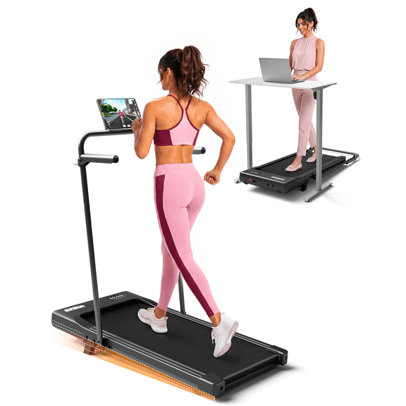 JCYTTCC Treadmill walking Pad with 6% Incline, Handrail and Tablet Holder, 300LBS Capacity Under Desk Treadmill for Home Office, Quiet Portable Mini Treadmill with App & Remote Control