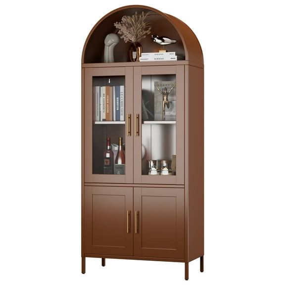 Supeer 73" Tall Metal Arched Display Cabinet, Arched Storage Bookcase with Glass Doors, Curio Kitchen Pantry Cabinet for Living Room, Assembly Required, Brown