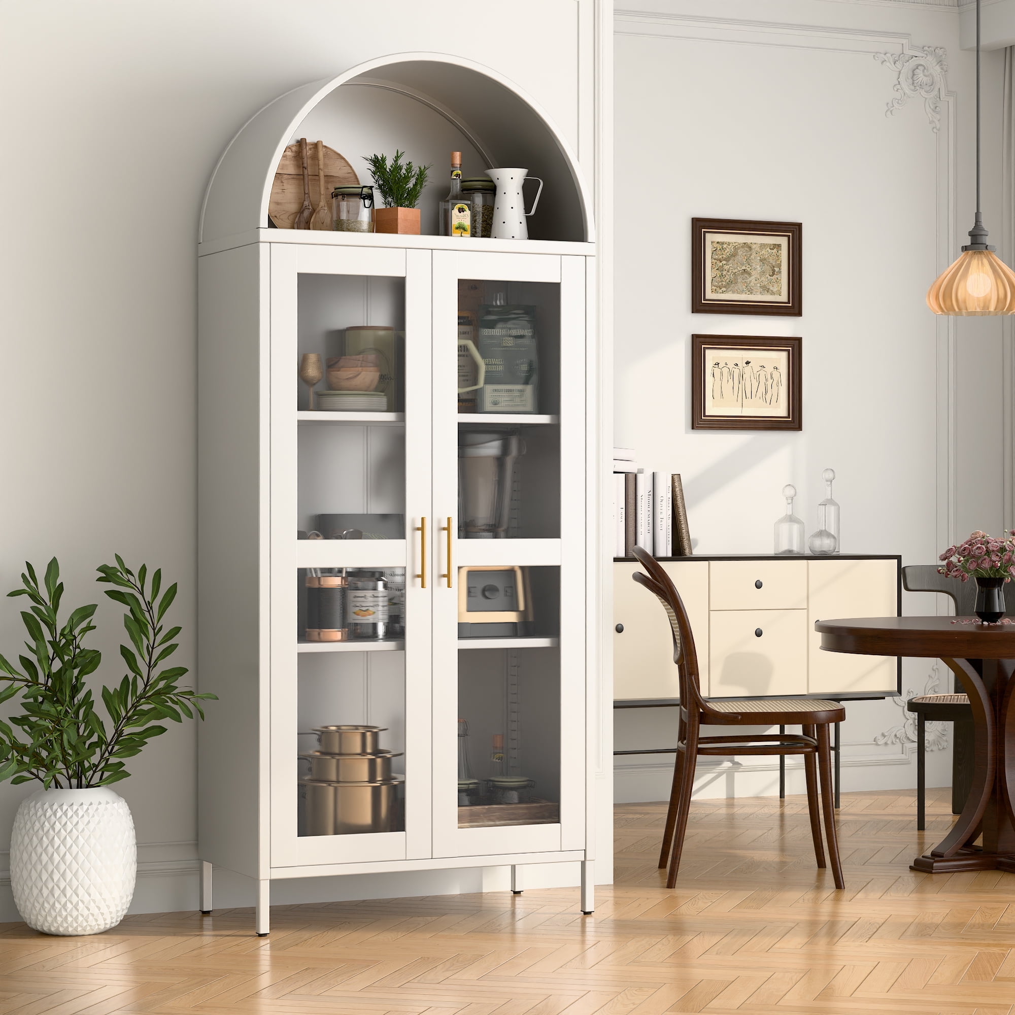 Supeer 73" Tall Metal Arched Display Cabinet, Arched Storage Bookcase with Glass Doors, Curio Kitchen Pantry Cabinet for Living Room, Assembly Required, Brown