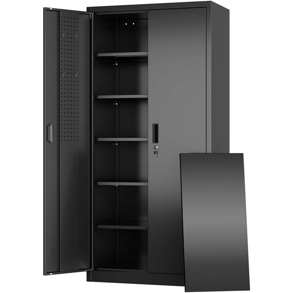 Supeer Locking Storage Cabinet with 5 Adjustable Shelves, Steel, Black, 71" H, Assemble Required