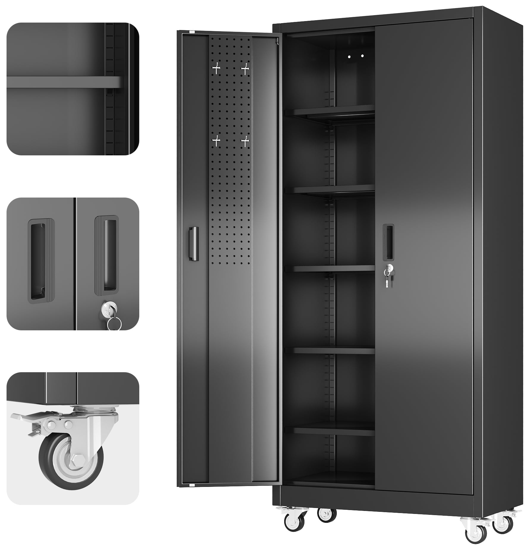 Supeer Metal Garage Storage Cabinet with 5 Shelves, 71" H Top Workbench Mobile Tool Chests Garage Cabinets with Pegboards,Tool Cabinets for Home,Office,Shop，Assembly Required, Black
