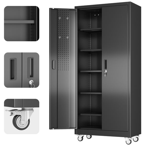 Supeer Metal Garage Storage Cabinet with 5 Shelves, 71" H Top Workbench Mobile Tool Chests Garage Cabinets with Pegboards,Tool Cabinets for Home,Office,Shop,Assembly Required, Black