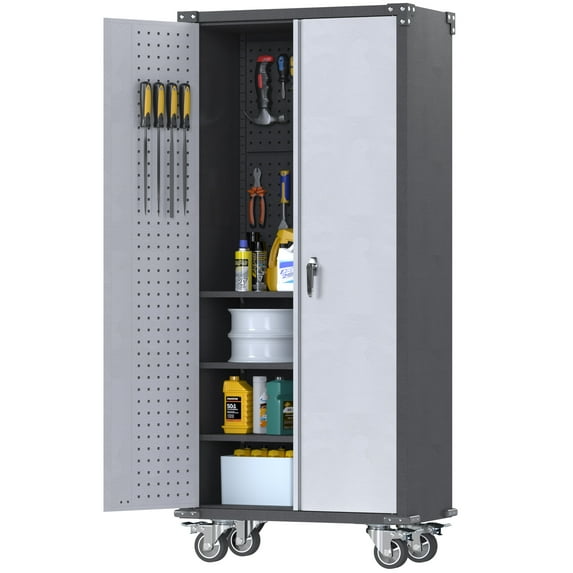 Supeer Metal Rolling Storage Cabinet with Multi Use Pegboard, Large Steel Utility Toolchest with Adjustable Shelves & Locking Doors - Garage Cabinets for Tool Storage,Assemble Required (Handle)