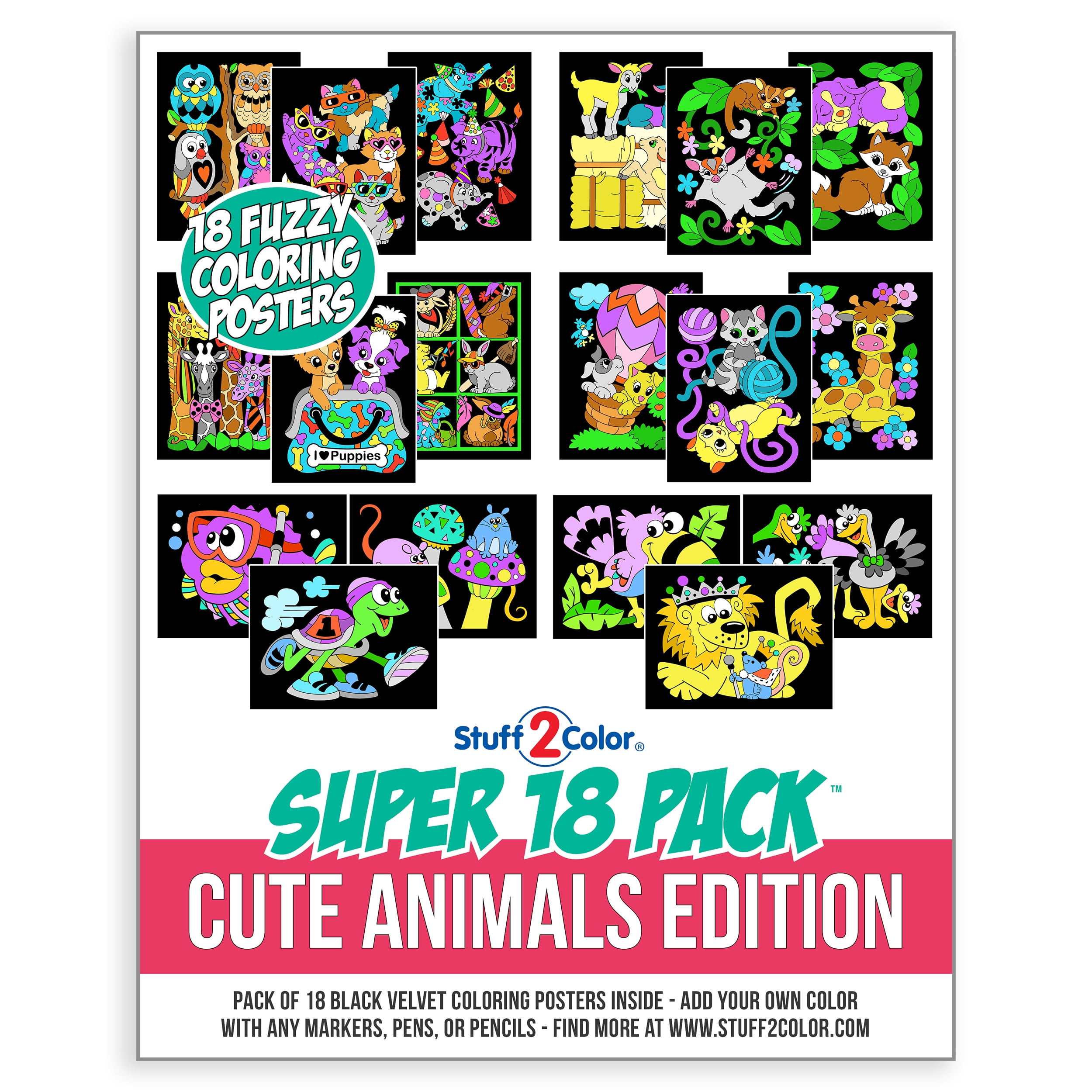Super 18 Pack of Fuzzy Velvet Coloring Posters (Cute Animals