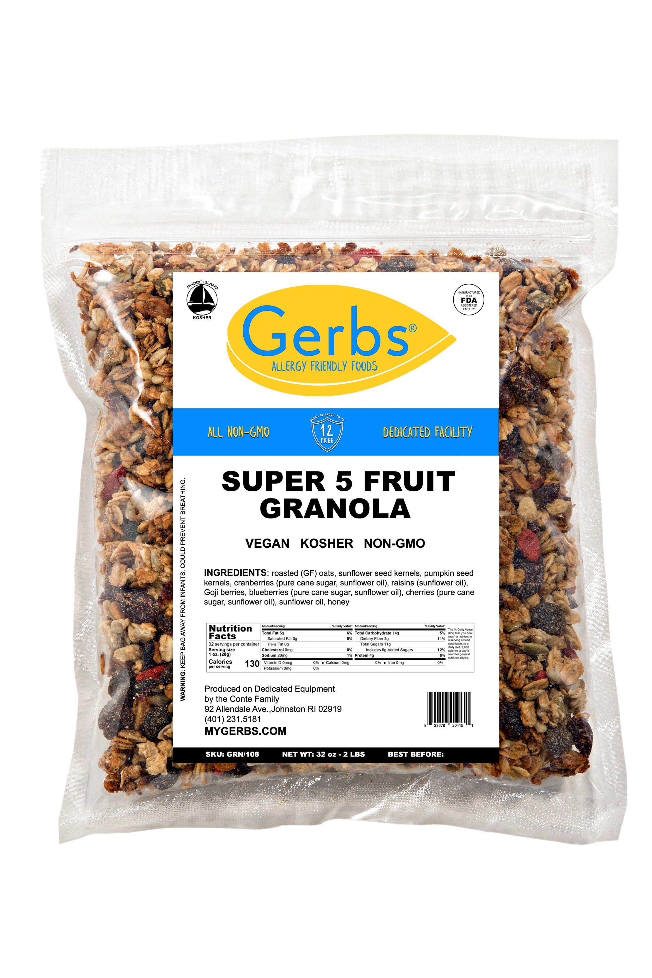 Super 5 Fruit & Honey Granola by Gerbs - 2 LBS - Top 14 Food Allergen Free & NON GMO