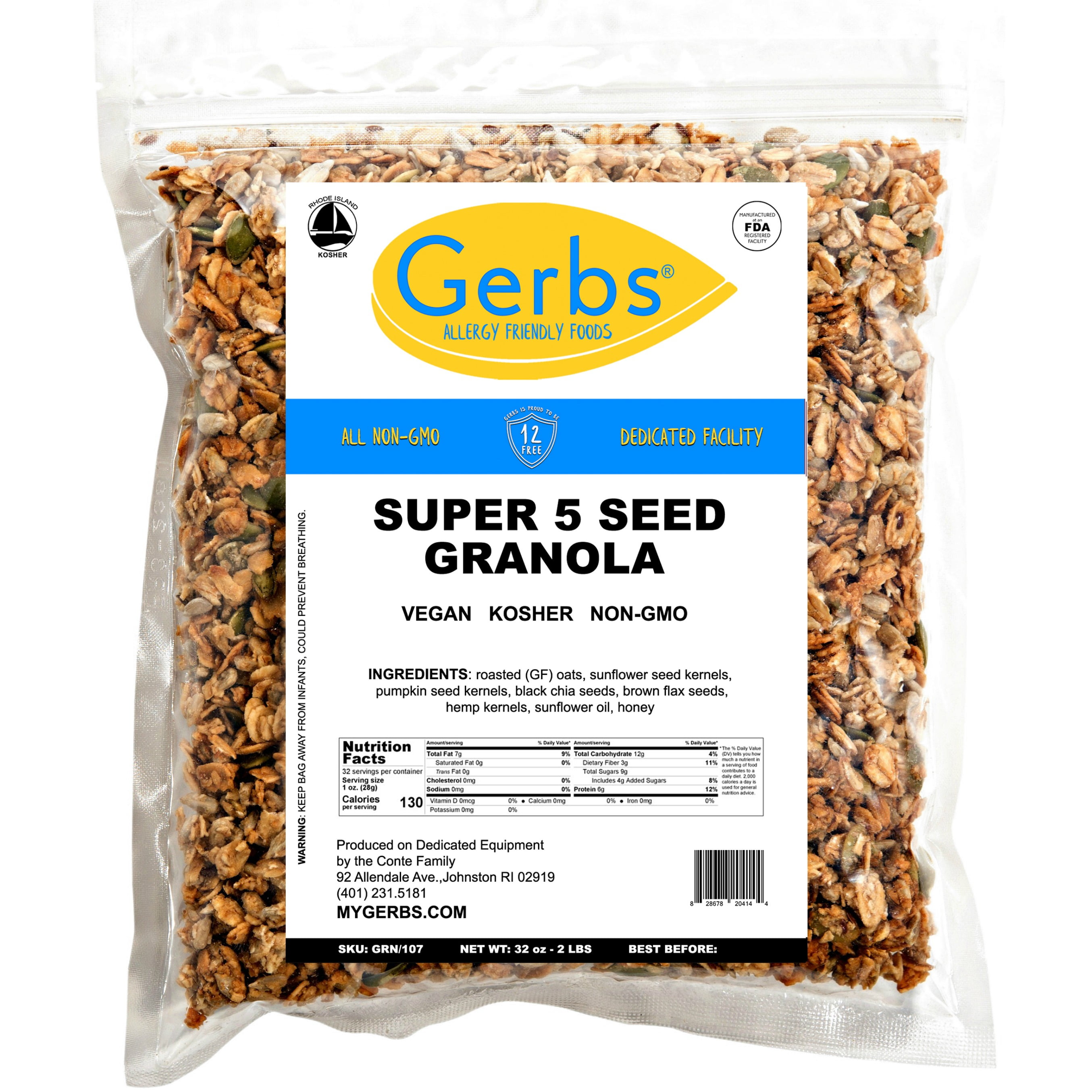 Super 5 Seed & Honey Granola by Gerbs - 2 LBS - Top 14 Food Allergen Free & NON GMO
