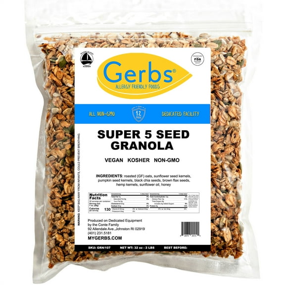 Super 5 Seed & Honey Granola by Gerbs - 2 LBS - Top 14 Food Allergen Free & NON GMO