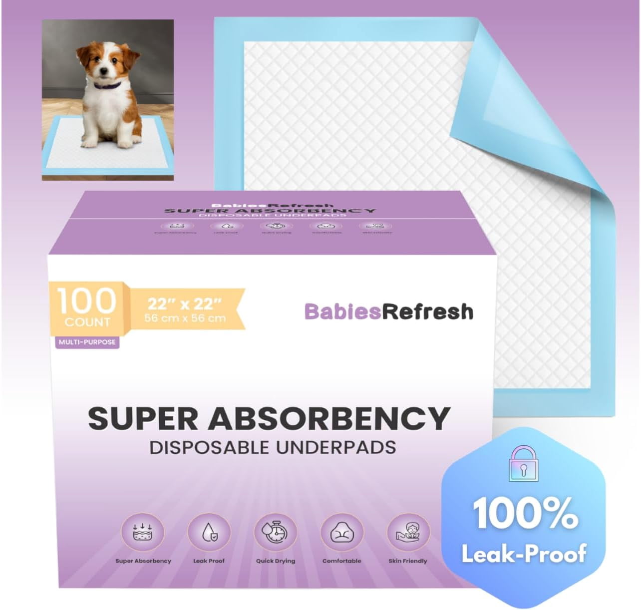 Super Absorbency Disposable Underpads, 22” x 22", 100 Count, Leakproof Quick Drying for Multi-use for Babies, Puppy Pads and Adults, Potty Training Pads, Pet Pee Pads, Cat Pee Pads, Blue, Medium