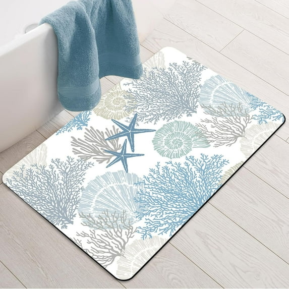 Super Absorbent Bath Mat Rug Starfish Seashell Coral Ocean Themed Bath Mat Blue Quick Dry Thin NonSlip Rubber Backed for Shower Bathtub Sink and Kitchen (20"x32") Bring the Beach Indoors