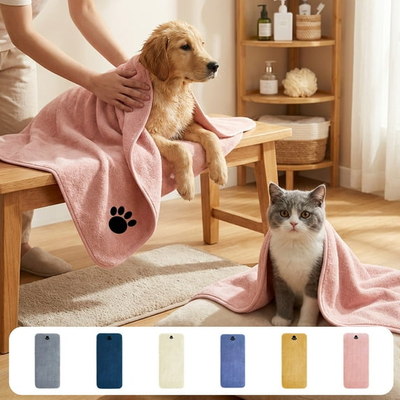 Super Absorbent Coral Fleece Pet Bath Towel - Bathroom Towels Pet Grooming Essential, Fast Dry Microfiber Towel for Dogs & Cats, Soft Winter Pet Towel, Large Absorbent Cloth, 19.6*39.7in, Pink