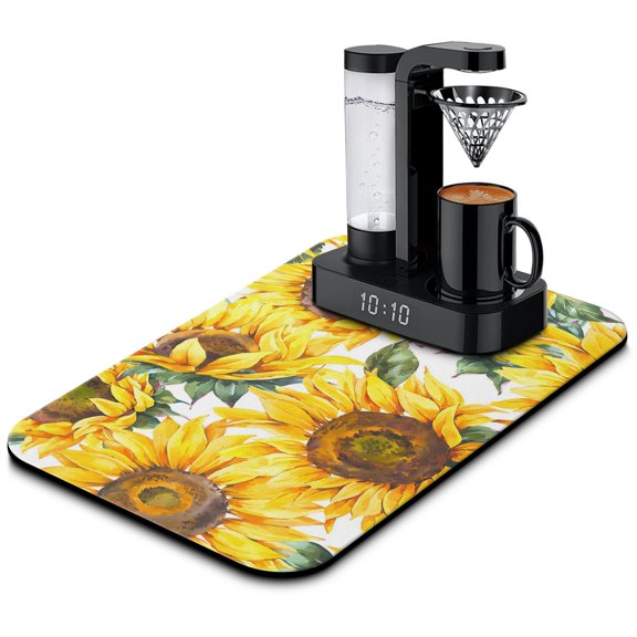 Super Absorbent Diatom Mud Coffee Drying Mat 19.5x12in, Perfect for Your Kitchen Decorated with Stunning Sunflowers, Coffee Mat Fast-Drying Design